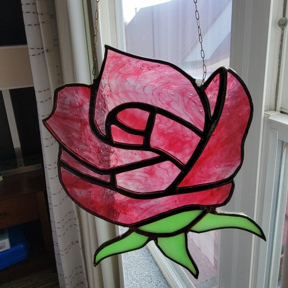 Art Red Pink Stained Glass Rose Suncatcher Flower Blossom Window